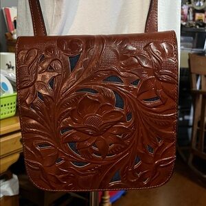 Patricia Nash Brown Leather Floral Crossbody Bag